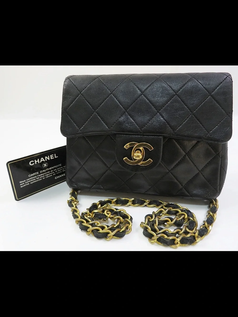 CHANEL Black Quilted Lambskin Crossbody with Gold Chain